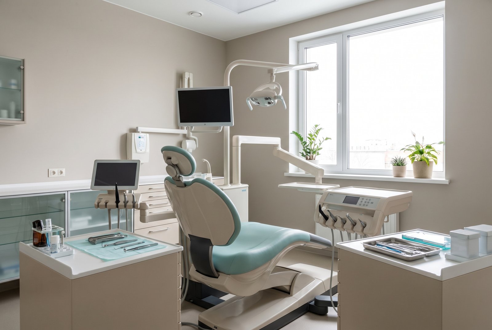 Modern treatment room with dental chair and equipment